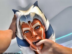 1boy 1girls 3d ahsoka_tano blue_eyes elerav facial_markings female_focus finger_in_mouth highres holding_mouth_open interspecies looking_at_viewer nose open_mouth orange_skin saliva simple_background solo_focus star_wars star_wars_rebels text togruta