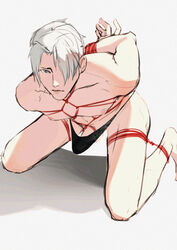 1boy ace_attorney bara black_underwear bondage bushou99 color erection erection_under_clothes erection_under_clothing gay gray_hair grey_hair gyakuten_saiban hands_behind_back kneeling male_focus male_only miles_edgeworth rope rope_bondage scared speedo tied underwear_only white_hair yaoi