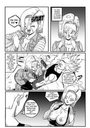 1boy 1girls android_18 big_breasts big_penis black_and_white breasts comic cum cum_in_mouth cum_on_face cumshot dragon_ball dragon_ball_z english_text female future_android_18 future_trunks greyscale handjob jacket miniskirt monochrome nipples partially_clothed penis pinkpawg straight super_saiyan tank_top top trunks_briefs