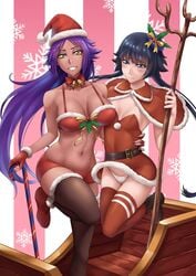 2girls bangs bare_shoulders big_breasts black_eyes bleach blue_hair blush breasts cane cape christmas christmas_clothing christmas_outfit cleavage collar dark-skinned_female dark_skin dress embarrassed female female_only fingerless_gloves fur_trim gloves hair_ornament holding_object holding_partner light-skinned_female light_skin long_hair minidress no_bra panties parted_lips purple_hair raised_leg ribbon sakuya_(liao_kj) santa_costume santa_hat shihouin_yoruichi shoes short_hair short_hair_with_long_locks sled small_breasts smile snowflake soifon staff stockings strapless_dress straps teeth thighhighs tubetop underwear white_fur yellow_eyes