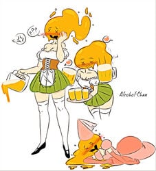 1girls alcohol anthro beer beer_mug blush cleavage dirndl drunk female flawsy humanoid object_head original substance_intoxication tagme thighhighs