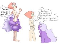 2girls amethyst_(steven_universe) ass breasts cartoon_network dialogue english_text female female_only forehead_jewel gem_(species) homosexual lesbian missgreeney multiple_girls nude nude_female pearl_(steven_universe) purple_skin pussy speech_bubble steven_universe text white_skin yuri