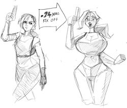 big_breasts breast_expansion degradation gun holding_gun lara_croft lara_croft_(classic) lemonfont polygonal polygonal_breast shocked_expression tomb_raider transformation