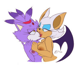 2019 angry angry_kiss anthro big_breasts blaze_the_cat blood blue_eyes bluechika bodily_fluids breasts chiropteran domestic_cat duo eyeshadow fangs felid feline felis female female/female fur hair kissing makeup mammal nipples nude purple_body purple_fur purple_hair rouge_the_bat sonic_(series) sonic_the_hedgehog_(series) wings yellow_eyes yuri