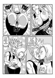 1boy 1girls android_18 ass bent_over big_ass big_breasts big_penis black_and_white breasts comic dragon_ball dragon_ball_z english_text female french_kiss from_behind future_android_18 future_trunks gaping_pussy greyscale groping_from_behind hand_on_breast jacket kissing miniskirt monochrome nipples partially_clothed penis pinkpawg ripped_pantyhose smile straight super_saiyan tank_top top trunks_briefs