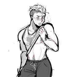 1boy 2020 aged_up athletic_wear black_and_white garrett_(skaroy) hairy_arms heavy_breathing male male_only midriff muscular original shirt_lift skaroy sketch stomach_hair sweat toned undercut wet_shirt