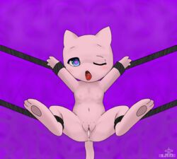 bondage cum cum_in_pussy cum_inside female female_only fur furry heart_eyes legendary_pokemon mew no_humans open_mouth pink_fur pokemon pokemon_(species) pussy silavos spread_legs spread_pussy straight_hair submission submissive submissive_female tail