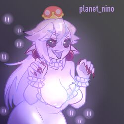 1girls areolae black_sclera boo_(mario) boosette breasts clothed clothing female female_focus ghost ghost_girl glowing glowing_eyes humanoid long_fingernails long_hair looking_at_viewer luigi's_mansion mario_(series) mostly_clothed new_super_mario_bros._u_deluxe nipples one_breast_out open_mouth planet_nin smile solo solo_focus standing super_crown tongue tongue_out white_skin