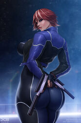 1girls ass barretxiii big_ass big_breasts bodysuit breasts bubble_ass bubble_butt clothing female female_only firearm footwear gun handgun handwear human joanna_dark large_breasts leather_jacket looking_at_viewer looking_back outerwear pale_skin perfect_dark red_hair scope seductive seductive_look seductive_smile solo suppressor weapon