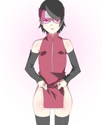 1girls arm_warmers armwear bangs black_armwear black_hair black_legwear boruto:_naruto_next_generations female female_only front_view glasses konbari_tariumu legwear lifted_by_self long_hair looking_at_viewer naruto naruto_(series) no_panties red_eyes sarada_uchiha sharingan shiny shiny_eyes sleeveless sleeveless_shirt teasing thighhighs