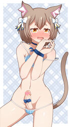 1boy androgynous animal_ears balls blush brown_hair cat_ears cat_tail censored collar erection eye_contact felix_argyle femboy feminine_male flat_chest girly hair_ribbon heart_censor humanoid izuthree looking_at_viewer male male_focus male_only otoko_no_ko penis penis_ribbon re:zero_kara_hajimeru_isekai_seikatsu short_hair solo standing thighs thong tied_hands trap yellow_eyes