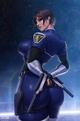 1girls ass barretxiii belt big_ass big_breasts bodysuit breasts bubble_ass bubble_butt clothing female female_only firearm footwear gun handgun handwear human joanna_dark large_breasts looking_at_viewer looking_back perfect_dark scope seductive seductive_look seductive_smile short_hair solo suppressor thick_thighs thighhighs tight_clothing weapon