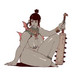 aztec big_breasts black_hair breasts chubby crossed_legs dinerforlewds dinerforwolves ear_piercing feet female grey_skin hairbun jewelry macuahuitl nude pointy_ears sitting thick_thighs vampire weapon wings