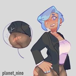 1girls ass blue_hair breasts clothed clothing dark_skin female female_only fully_clothed hand_on_hip human looking_back nervous pantyhose planet_nin ripped_clothing ripped_pantyhose solo solo_female sweat torn_clothes torn_clothing