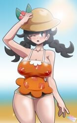 1girls alternate_breast_size big_breasts black_hair blue_eyes blush braided_hair braided_twintails curvaceous curvy_figure female hat large_breasts minishorts nintendo nipple_bulge one_eye_closed pokemon pokemon_sm pokemon_usm protoscene selene_(pokemon) selene_(pokemon_usm) shorts solo standing thick_thighs thighs voluptuous