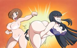 2girls adult_swim ass bent_over big_ass big_breasts big_butt black_hair blue_bra blue_lingerie blue_underwear bra brown_hair catfight cleavage closed_eyes color dat_ass edit endured_face female_only fight grimphantom high_heels huge_ass huge_breasts huge_butt kill_la_kill kiryuuin_satsuki large_breasts light-skinned_female light_skin line_art lingerie long_hair mankanshoku_mako multiple_girls no_panties panties pulling_panties short_hair teeth_clenched thick_thighs third-party_edit toonami underwear white_bra white_lingerie white_panties white_underwear