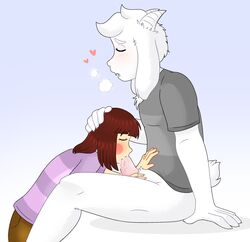 1boy 1girls anthro anthro_on_human asriel_dreemurr big_penis blush chara closed_eyes cum cum_in_mouth fellatio female_human femsub goat half-dressed heart human male/female male_anthro male_anthro/female_human maledom rainy_(artist) rosy_cheeks straight tagme undertale white_fur