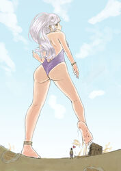 big_ass clouds color destruction dubious-lamb footprint giantess heart larger_female looking_back macro one-piece_swimsuit original original_character ponytail size_difference sky smaller_male smile white_hair