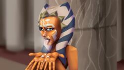 1girls ahsoka_tano blowjob_face blue_eyes breasts clone_wars cum_in_mouth cum_on_face cumshot female_focus female_only heavy_breathing hi_res jedi jedi_temple looking_at_viewer medium_breasts mrpainter nude open_mouth saliva simple_background solo star_wars togruta tongue_out