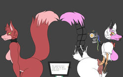 2girls animatronic anthro ass big_butt bone breasts canid canine curvy_figure duo female five_nights_at_freddy's five_nights_at_freddy's_2 fox foxy_(fnaf) gore guts machine mammal mangle_(fnaf) multiple_girls organs robot simple_background television thick_thighs video_games wide_hips
