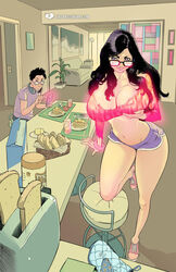 1boy 1girls breast_expansion breasts cleavage expansion-fan-comics female female_focus glasses huge_breasts long_hair male