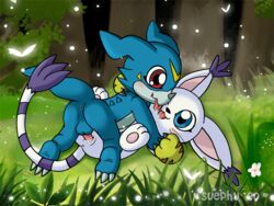 blue_body digimon digimon_(species) female furry gatomon happy_sex kissing lying male penis pussy saliva sex suephy tail_markings vaginal_penetration veemon white_body