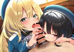 1boy 2girls absurdres aqua_eyes atago_(kantai_collection) beret black_hair blonde_hair blue_headwear collaborative_fellatio eyebrows_visible_through_hair fellatio ffm_threesome haiba_09 handjob hat highres kantai_collection licking_testicles licking_tip light-skinned_female light-skinned_male light_skin long_hair long_sleeves male_pubic_hair military military_uniform multiple_girls open_mouth penis pubic_hair red_eyes short_hair takao_(kantai_collection) teamwork threesome tongue tongue_out uniform