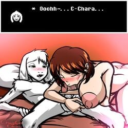 1boy 1girls anthro anthro_on_human asriel_dreemurr ass bed big_breasts big_penis blush breasts brown_hair chaoscat08 chara fellatio female_human fondling_balls green_eyes human illusion male/female male_anthro male_anthro/female_human tagme undertale