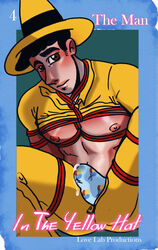 1boy bara blush bondage boner boxers bulge cum cum_drip curious_george doujin_cover erection_under_clothes gay hat human human_only love_lab_productions lovelabproductions male male_only muscle muscles pbs ted_shackleford the_man_in_the_yellow_hat yaoi