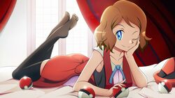 1girls black_legwear blue_eyes chin_on_hand feet feet_up human lying_on_bed lying_on_stomach pokemon pokemon_(anime) pokemon_xy serena_(pokemon) short_hair vivivoovoo wink winking winking_at_viewer