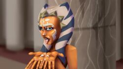 1girls ahsoka_tano blowjob_face blue_eyes breasts clone_wars cum_in_mouth cum_on_face cum_pool cumshot female_focus female_only hi_res jedi jedi_temple looking_at_viewer medium_breasts mrpainter nude open_mouth saliva simple_background solo star_wars togruta tongue_out