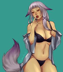 1girls 2020 2020s animal_ears animal_tail bathrobe belly big_breasts black_bra black_nail_polish black_nails black_panties black_underwear bra chiariku colored exposed exposed_belly female female_focus female_only finger_on_lip hand_on_breast league_of_legends lips lipstick long_hair looking_down milf nail_polish nails open_bathrobe panties partially_clothed partially_nude red_lips red_lipstick riot_games robe sett's_mom solo solo_female solo_focus tagme tail thick_ass thick_thighs underwear vastaya voluptuous wide_hips