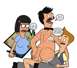 1girls 2boys age_difference anal anal_penetration anal_sex black_hair bob's_burgers bob_belcher body_hair bow_tie caught_in_the_act character_name cheating_boyfriend cheating_husband cleft_chin cowgirl_position dirty_blonde_hair gay glasses hand_on_ass iyumiblue jimmy_pesto_jr. mustache nude pants_down receiving_on_top sagging_breasts sitting_on_penis spread_legs tina_belcher vest white_background yaoi younger_dom_older_sub younger_penetrating_older