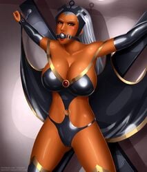 1girls african african_female ball_gag bondage breasts brown_eyes cape chains cuffs dark-skinned_female dark_skin elbow_gloves female female_only fully_clothed gag gagged head_ornament headband headgear helpless imprisoned leather_cuffs looking_at_viewer marvel marvel_comics medium_breasts ororo_munroe restrained revealing_clothes saint_andrew's_cross silver_hair solo storm_(x-men) superheroine svoidist thigh_boots tight_clothing x-men