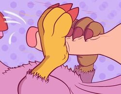 ambiguous_gender avian beak biyomon blitzpitz cum digimon digimon_(species) female footjob furry penis pink_body pink_feathers red_claws smile tail_feathers toe_claws toes