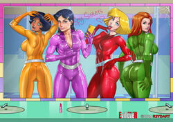 4girls alex_(totally_spies) arms_behind_head arms_up ass backboob belt belt_buckle black_hair blonde blonde_hair blue_eyes bodysuit breasts brown_eyes brunette cameltoe cellphone cleavage clothing clover_(totally_spies) dark_skin edit evillover female ginger gloves green_eyes hand_on_hip handwear head_tilt heart-shaped_buckle heart_buckle high_resolution holding_cellphone human jpeg large_ass large_breasts latex latex_bodysuit latex_suit lipstick long_hair looking_at_viewer mandy_(totally_spies) mandy_walters medium_breasts multiple_girls muscle open_mouth phone purple_eyes r3ydart red_bodysuit red_hair redhead rubber saliva sam_(totally_spies) sam_simpson self_shot selfie shiny shiny_clothes shocked_expression short_hair side_view sideboob skin_tight smirk standing sweat sweatdrop thick_thighs thighs tight_clothes tight_clothing toned toned_female totally_spies unzipped unzipped_bodysuit unzipping