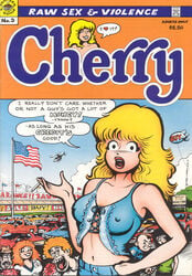 1980s 1986 3boys 3girls american_flag black_hair blimp breasts brown_hair brunette cherry_pop cherry_poptart_(comic) comic comic_cover crowd dialogue ellie_dee ginger glasses helicopter larry_welz mohawk mustache nipples_visible_through_clothing patty_melt red_hair stadium straight_hair