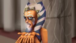 1girls ahsoka_tano blowjob_face blue_eyes breasts clone_wars cum_drip cum_in_mouth cum_on_face cumshot female_focus female_only heavy_breathing hi_res jedi jedi_temple looking_at_viewer makeup_running medium_breasts mrpainter nude open_mouth runny_makeup saliva simple_background solo star_wars togruta tongue_out