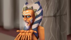 1girls ahsoka_tano blue_eyes breasts clone_wars female_focus female_only heavy_breathing hi_res jedi jedi_temple looking_at_viewer medium_breasts mrpainter nude open_mouth orange_skin saliva simple_background solo star_wars togruta tongue_out