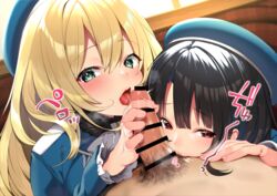 1boy 2girls absurdres aqua_eyes atago_(kantai_collection) bar_censor beret black_hair blonde_hair blue_headwear censor_bar censored collaborative_fellatio eyebrows_visible_through_hair fellatio ffm_threesome haiba_09 handjob hat highres kantai_collection licking_testicles licking_tip light-skinned_female light-skinned_male light_skin long_hair long_sleeves male_pubic_hair military military_uniform motion_lines multiple_girls open_mouth penis pubic_hair red_eyes short_hair takao_(kantai_collection) teamwork threesome tongue tongue_out uniform