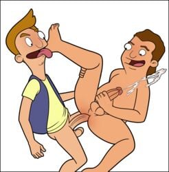 2boys anal anal_penetration anal_sex bob's_burgers bottomless bouncing_balls brown_hair cmnm cum_while_penetrated dirty_blonde_hair erection foot_lick foot_licking gay holding_penis iyumiblue jimmy_pesto_jr. leg_up legs_held_open licking mouth_open multiple_boys multiple_penises nude open_vest penis_size_difference pleasure_face receiving_on_back spread_legs teen_boy tongue_out white_background yaoi zeke_(bob's_burgers)