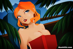 1girls blue_eyes book breasts casual cleavage covering covering_breasts drew_baringmore female human ihasb33r leisure_suit_larry leisure_suit_larry_7 lips lipstick long_hair nude nudist orange_hair outdoors pale_skin public red_lips red_lipstick tied_hair