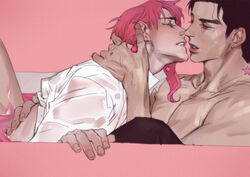 2boys bath bathing closed_eyes clothed_male_nude_male cuddling earrings embrace facing_another hand_on_back hand_on_neck holding_neck jojo's_bizarre_adventure jotaro_kujo kissing male_only muscular muscular_male noriaki_kakyoin open_mouth partially_clothed romantic romantic_couple shirt_lift sitting_on_lap stardust_crusaders yaoi