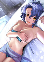 armpits bed big_breasts bikini blue_hair bra hanamasa_ono hands_over_breasts idolmaster idolmaster_million_live! see-through_clothing sideboob smile toyokawa_fuuka undone_bra yellow_eyes