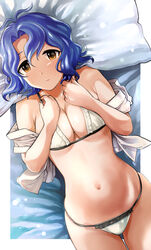 bed bikini blue_hair bra hanamasa_ono hands_on_chest idolmaster idolmaster_million_live! off_shoulder pillow toyokawa_fuuka underboob yellow_eyes