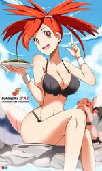 1girls 2020 ass black_bra cleavage flannery_(pokemon) gym_leader hot_spring human nintendo pokemon pokemon_rse red_eyes red_hair vivivoovoo white_wristband