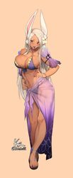 1girls absurd_res animal_ears bangs bare_shoulders bikini blush breasts bunny_ears camilla_(fire_emblem) camilla_(fire_emblem)_(cosplay) cleavage collarbone commentary cosplay dark-skinned_female dark_skin english_commentary female female_only fire_emblem fire_emblem_heroes flower full_body hair_flower hair_ornament hi_res k52 korean_commentary large_breasts legs long_eyelashes long_hair miruko mixed-language_commentary mouth_hold my_hero_academia navel nintendo parted_bangs purple_bikini rabbit_girl red_eyes rumi_usagiyama sandals sarong silver_hair simple_background smile solo swimsuit