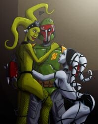 1boy 2girls armor ass ass_grab bedroom_eyes boba_fett clothed clothing female fishnets green_skin groping hand_on_ass headband hugging interspecies jabba's_palace lipstick lyn_me male mandalorian mastaczajnik oola purple_lipstick return_of_the_jedi sex_slave skimpy_clothes slave slave_outfit star_wars straight tatooine threesome twi'lek white_skin