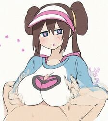 animated blue_eyes breasts brown_hair clothing double_bun female heart-shaped_pupils human male medium_penis nintendo outercourse paizuri paizuri_over_clothes pokemon pokemon_bw2 raglan_sleeves rosa_(pokemon) straight visor_cap white-stew