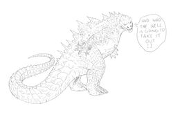 ambiguous_gender anal_insertion english_text feral godzilla godzilla_(series) hi_res kaiju line_art membrane_(anatomy) monochrome ramul scales scientific_instrument side_view simple_background solo spikes spikes_(anatomy) text thermometer toho weather_instrument webbed_hands white_background